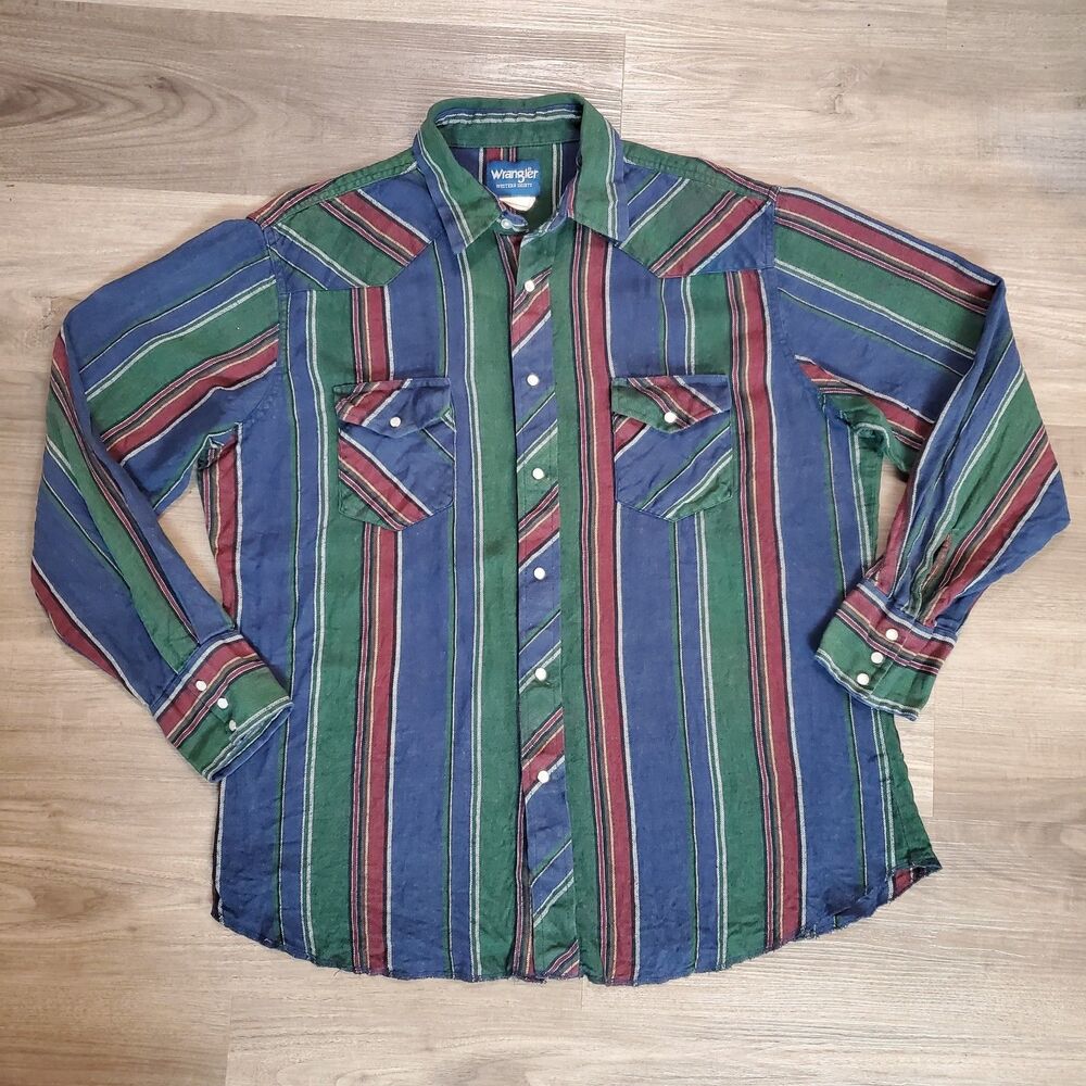 Vtg Wrangler Mens Large Striped Rodeo Western Cowboy Blue Red Pearl Snap Shirt